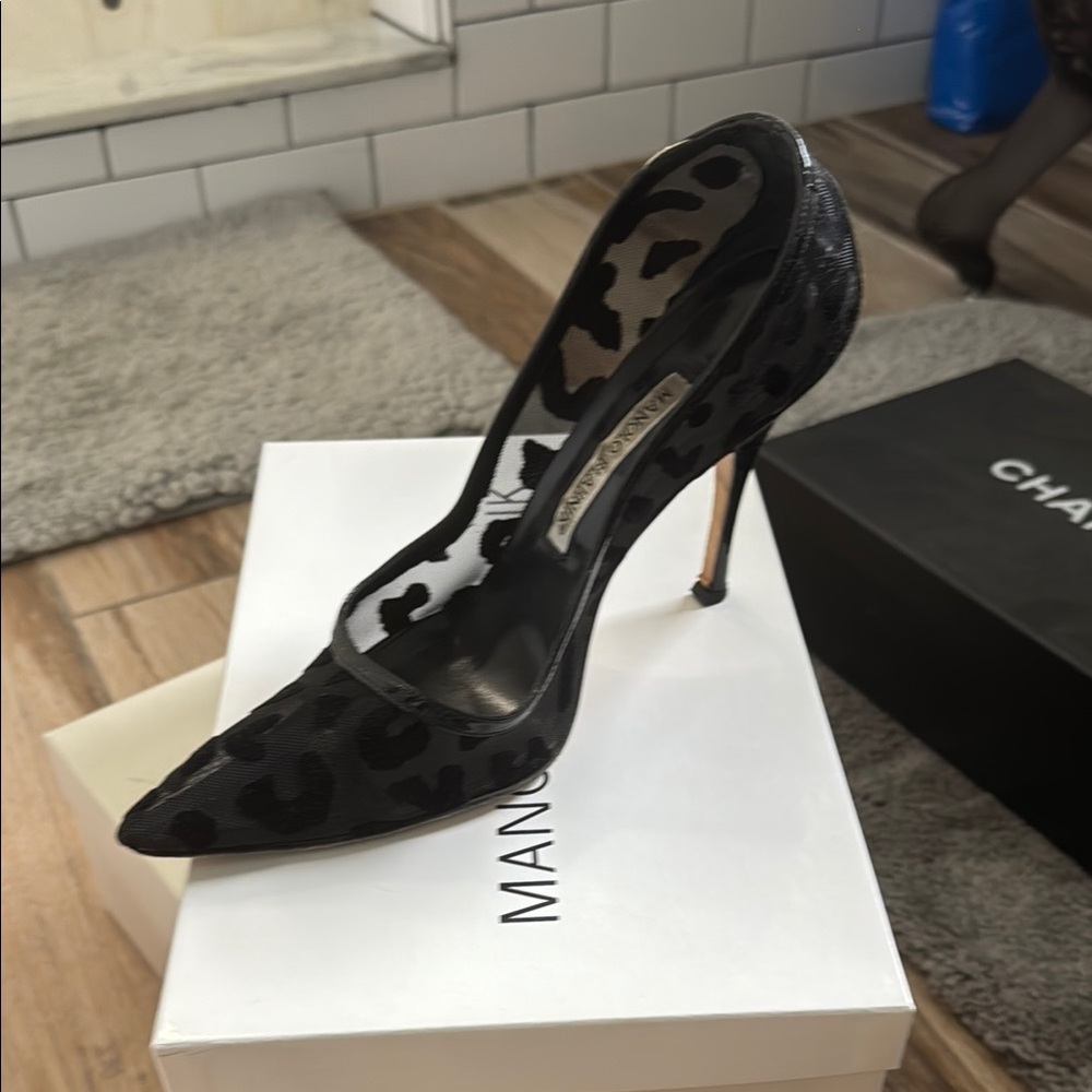 Manolo Blahnik Black Leopard Print Women's Heels